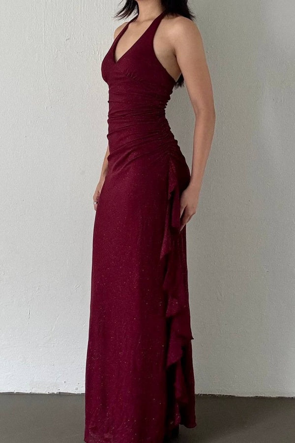 Cocoslly Charming V-Neck Halter Long Slim Fit Prom Dress With Ruffles | Burgundy Satin ZT0740
