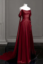 Cocoslly Off-The-Shoulder Pleated Long Prom Dress With Trailing On Both Sides | Purple Satin ZT0580
