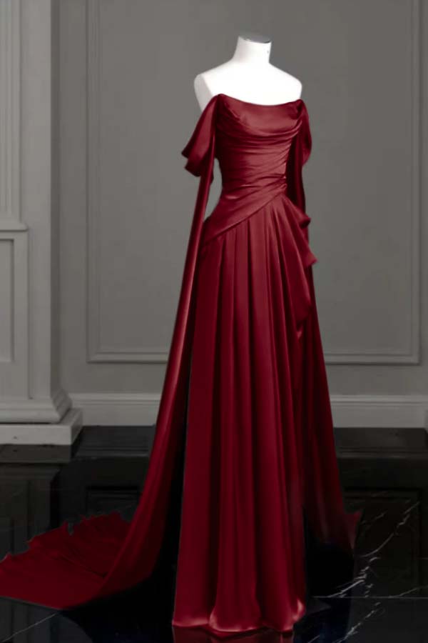 Cocoslly Off-The-Shoulder Pleated Long Prom Dress With Trailing On Both Sides | Purple Satin ZT0580
