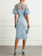 Light Blue 3D Floral Lace Crew Neck Short Sleeve Puff Sleeve Sheath Midi Dress
