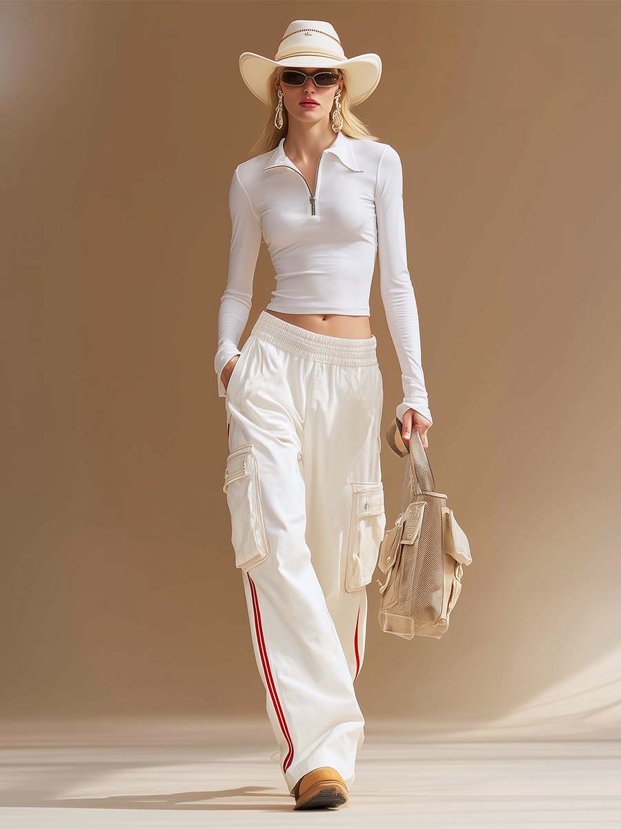 Sporty White Half-Zip Collared Long-Sleeve Crop Top And Red-Stripe Cargo Wide-Leg Pants Set