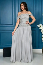 Cocoslly Off-The-Shoulder Sleeveless High Waist Long Prom Dress With Rhinstone | Champage Chiffon LR0566