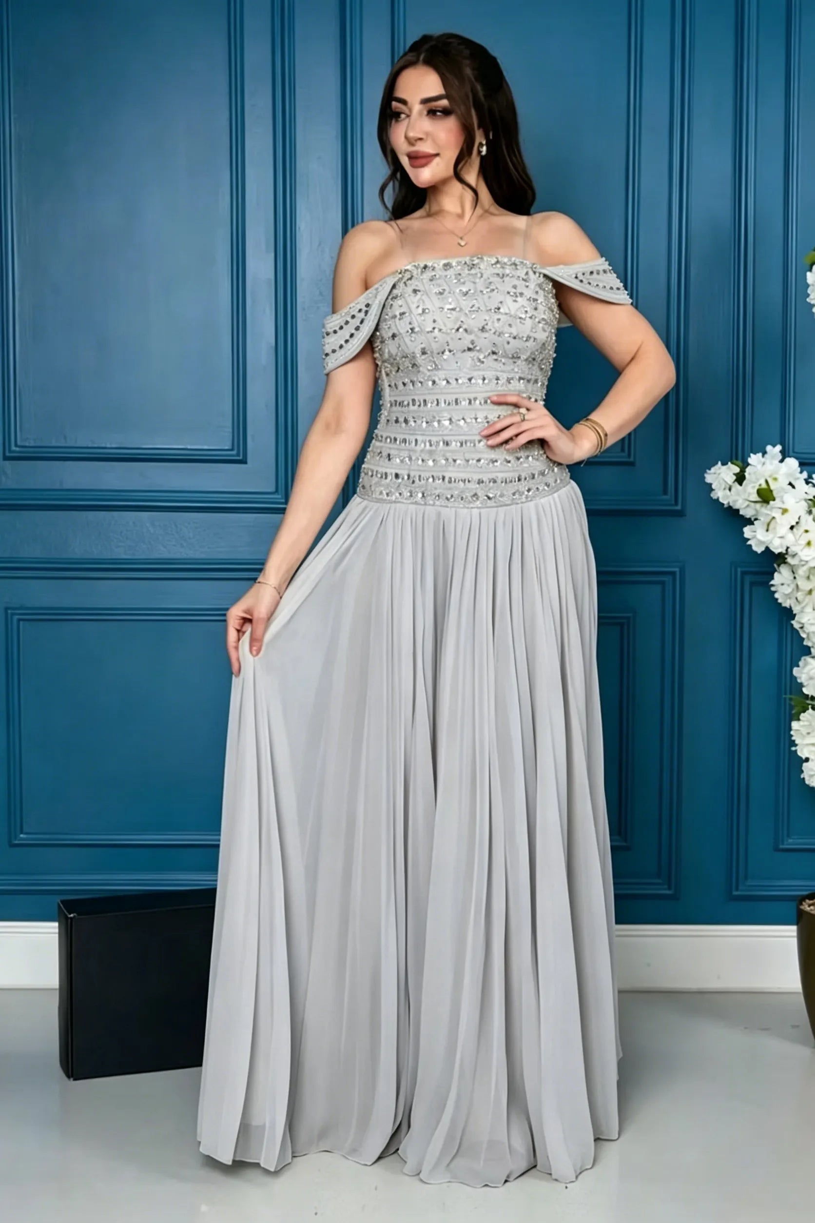 Cocoslly Off-The-Shoulder Sleeveless High Waist Long Prom Dress With Rhinstone | Champage Chiffon LR0566