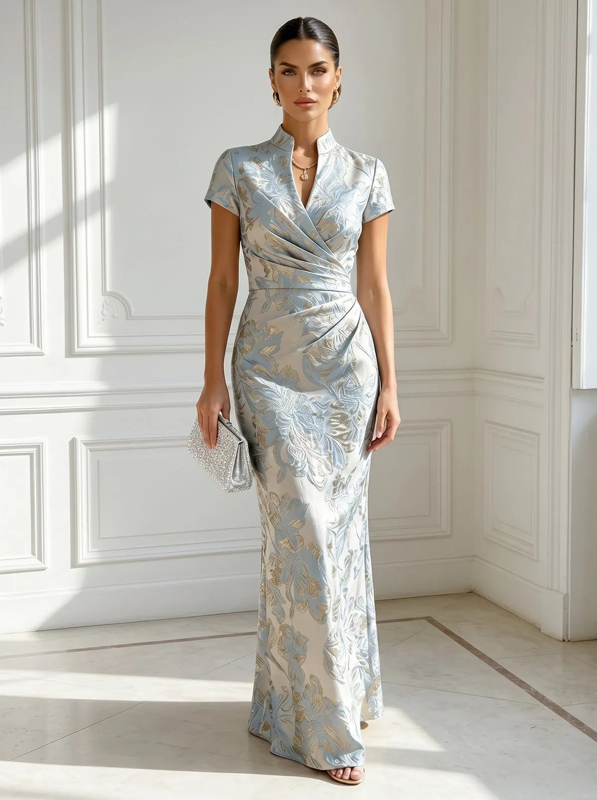 Light Blue Jacquard Classic V Neck Short Sleeve Mermaid Floor-length Gown Dress