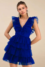 Cocoslly V-Neck Wide Straps Sleeveless Short A-Line Pleated Prom Dress With Ruffles | Black Tulle ZA0212