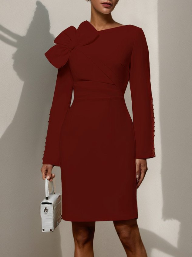 Cream White Bow Long Sleeve Sheath Midi Dress
