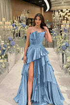 Charming Strapless Sleeveless Long Split Prom Dress With Pleated MS0456