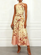 Pale Yellow Floral Classic Halter Mock Neck Sleeveless A-Line Maxi Dress