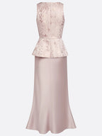 Pink Lace Jacquard 3D Floral Satin Crew Neck Sleeveless Sheath Maxi Dress