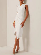 White V Neck Sleeveless Slit Sheath Midi Dress