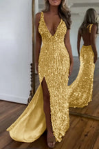 Cocoslly Spaghetti Straps V Neck Sleeveless High Neck Long Prom Dress with Split | Glod Champage  Sequins MS0489