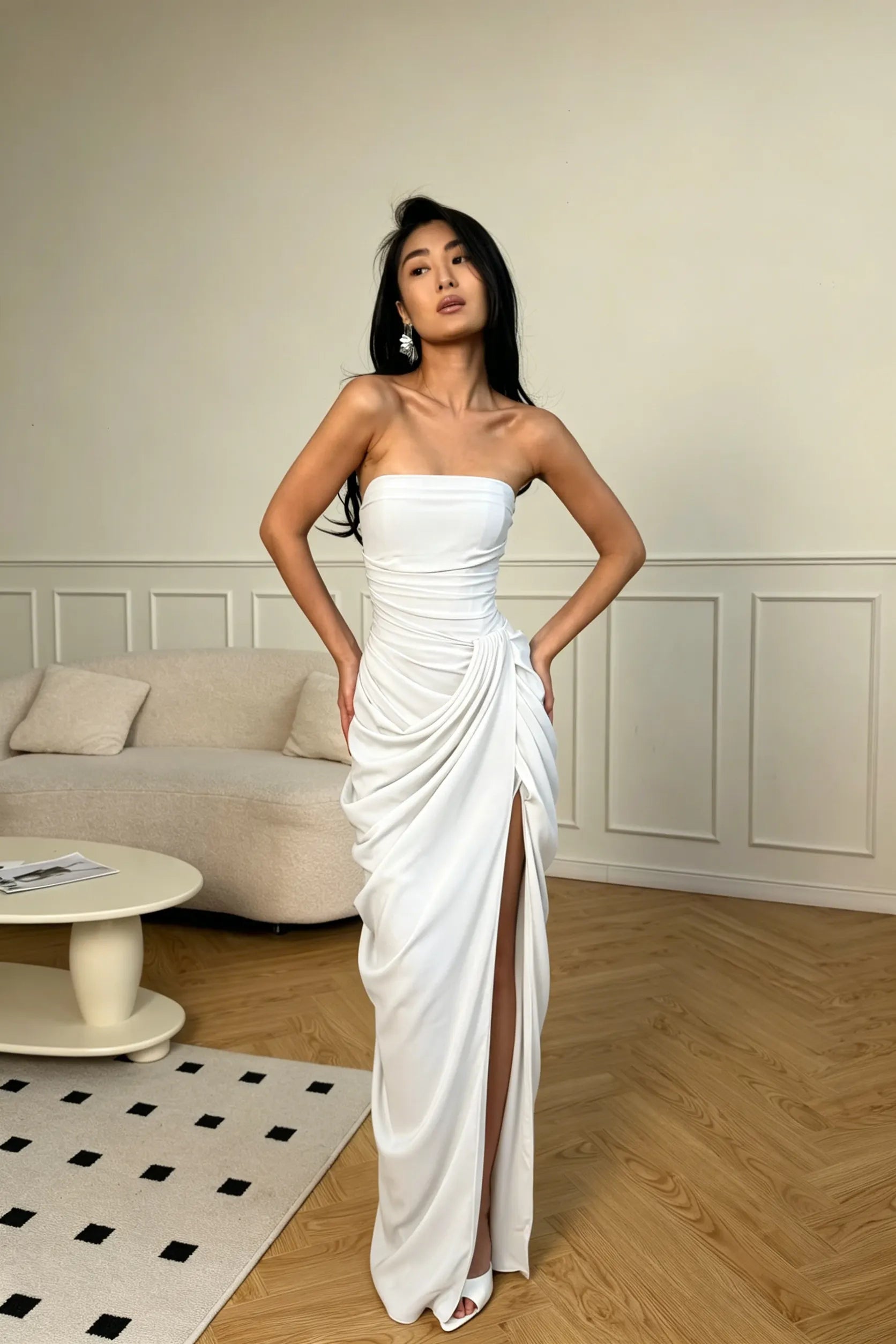 Cocoslly Strapless Sleeveless High Waist Long Prom Dress With Split And Pleated | Ice Blue Satin YC0566