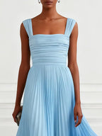 Light Blue Ombre Pleated Chiffon Square Neck Sleeveless A-Line Midi Dress