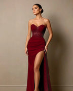 Cocoslly Spaghetti Straps Sleeveless High Waist Long Prom Dress With Split And Beading Pearls | Dark Green Satin LX0098