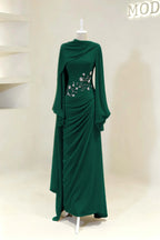 Cocoslly Long Sleeves High Waist Long Prom Dress With Pleated And Beading Pearls | Cabemet Chiffon ZA0710