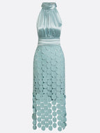 Women Light Green Satin Ruched Halter Neck Sleeveless A-Line Midi Dresses