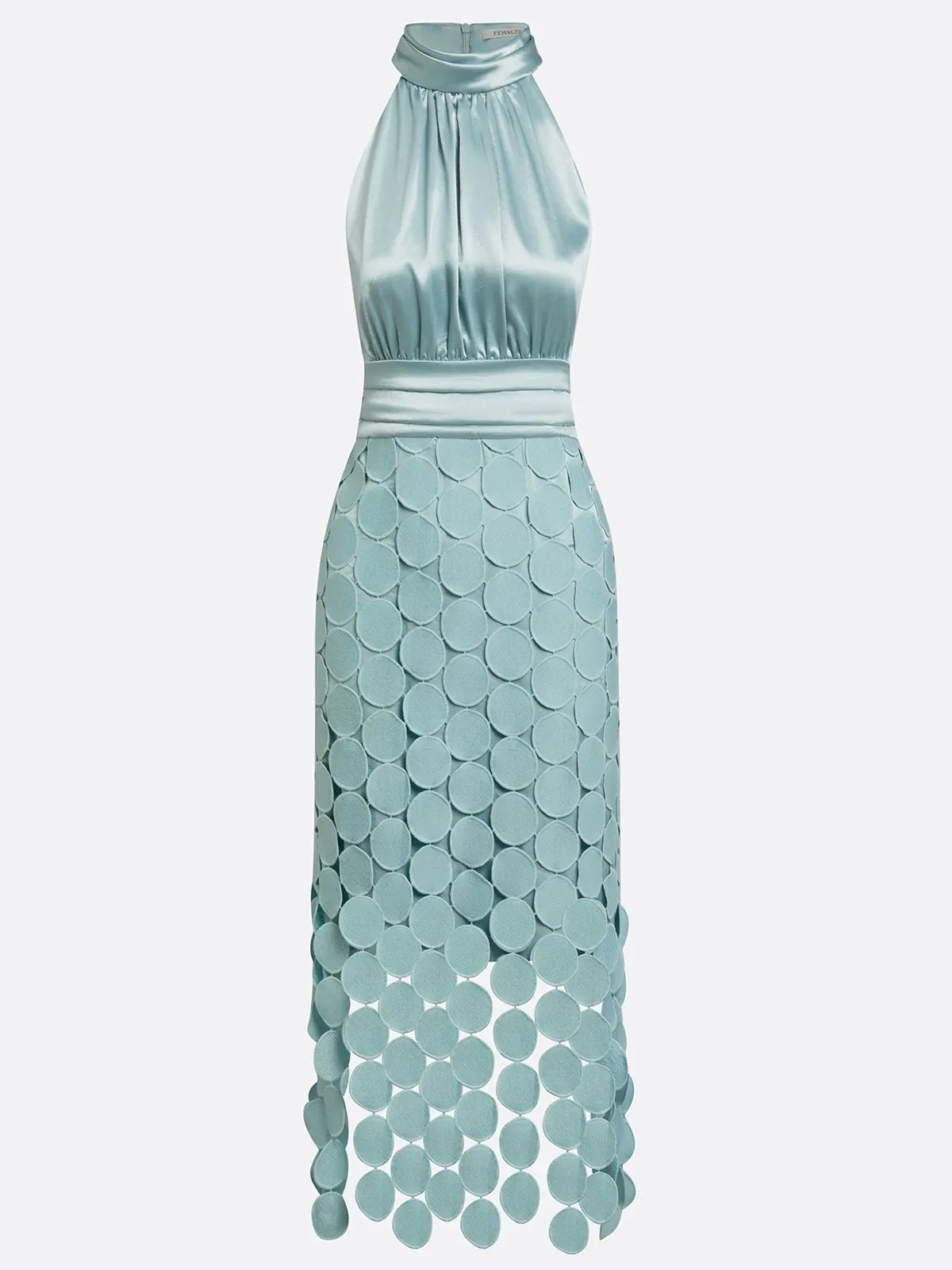 Women Light Green Satin Ruched Halter Neck Sleeveless A-Line Midi Dresses