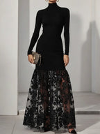 Black Mesh Floral Knit Mock Neck Long Sleeve A-Line Maxi Dress