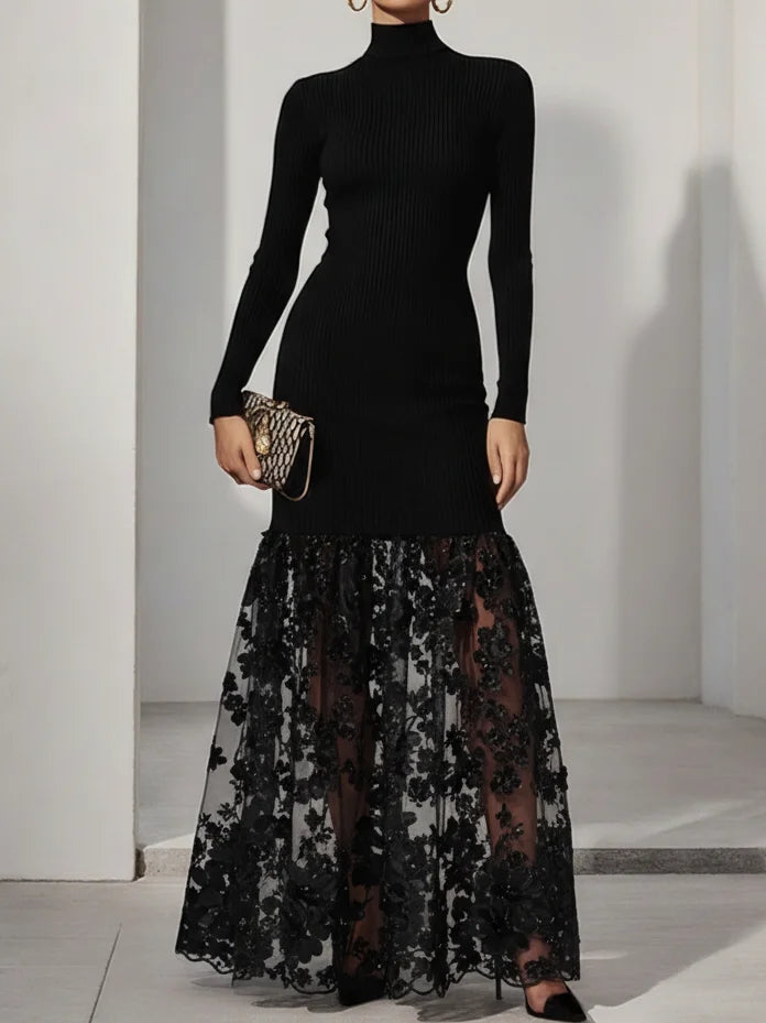Black Mesh Floral Knit Mock Neck Long Sleeve A-Line Maxi Dress