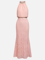 Pink Cotton Rhinestone Ruched Lace Halter Crew Neck Sleeveless Mermaid Floor-length Gown Dress