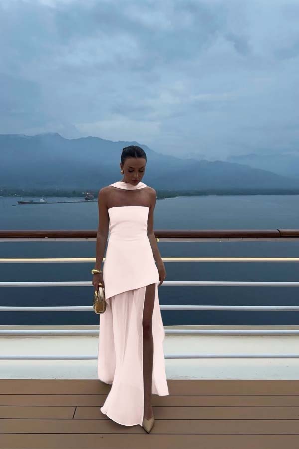 Cocoslly Strapless Split Holiday Summer Long Prom Dress With Scarf | White Satin And Chiffon ZT0604