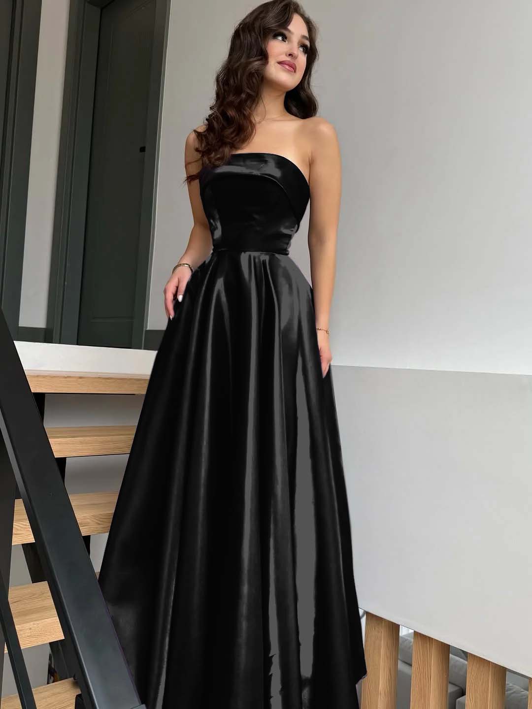 Satin Strapless Sleeveless High-Waisted Long A-Line Prom Dress With Pleated YK0638