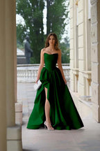 Pink Strapless Sleeveless A Line Long Split Prom Dress With Pleated ED0263