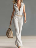Retro Sporty Vacation Hooded Zipper V-neck Off-white Knitted Jumpsuit