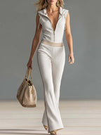 Retro Sporty Vacation Hooded Zipper V-neck Off-white Knitted Jumpsuit