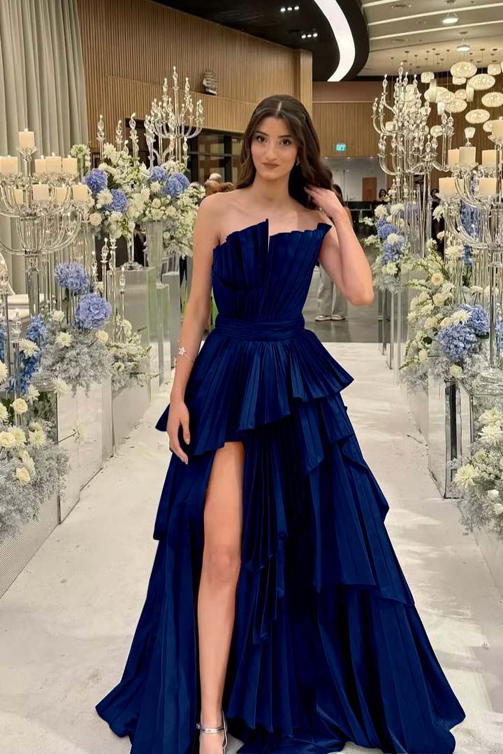 Charming Strapless Sleeveless Long Split Prom Dress With Pleated MS0456