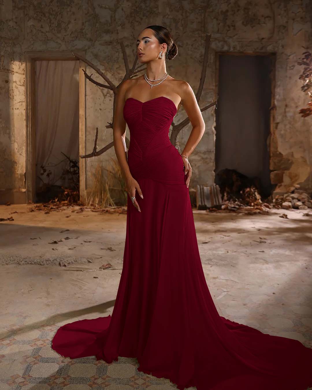 Chiffon Sweetheart Strapless Sleeveless Long Mermaid Prom Dress With Ruffles And Pleated YK0705