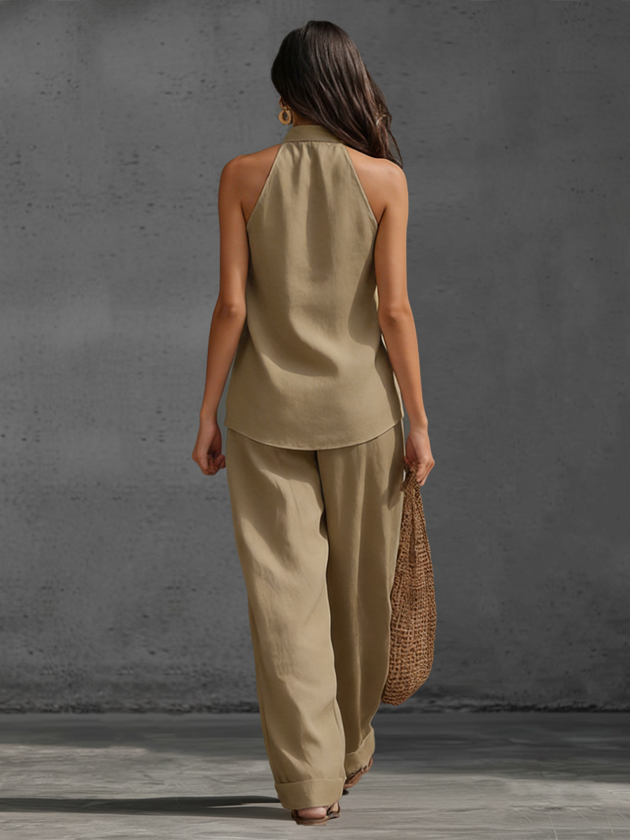 Casual Urban Style White Linen V-neck Sleeveless Top And Wide Leg Pants Set