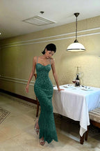 Cocoslly Spaghetti Straps Sleeveless High Waist Long Mermaid Prom Dress | Red Lace LR0435