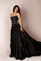 Cocoslly Strapless Sleeveless High Waist Long Prom Dress With Rhinstone And Beading Pearls | Baby Blue Satin LR0577