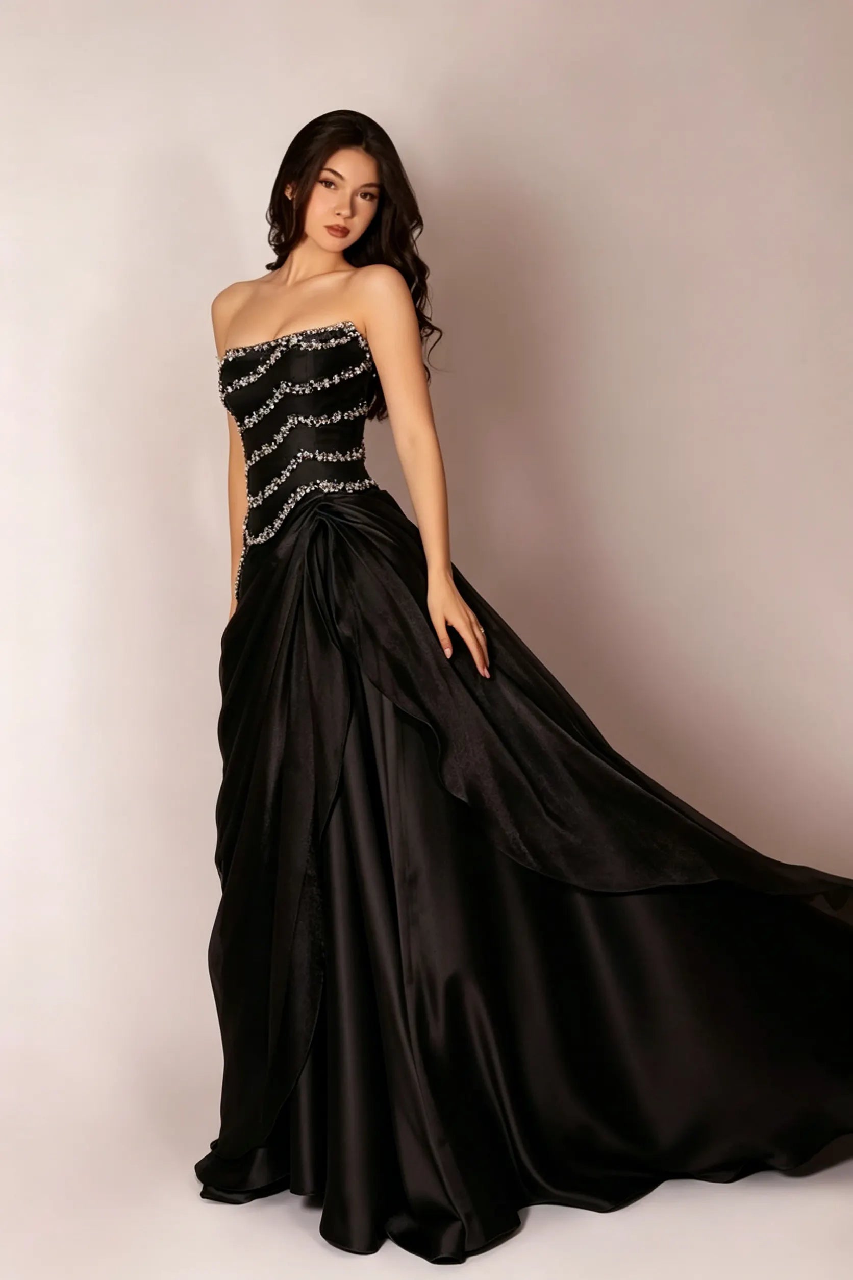 Cocoslly Strapless Sleeveless High Waist Long Prom Dress With Rhinstone And Beading Pearls | Baby Blue Satin LR0577