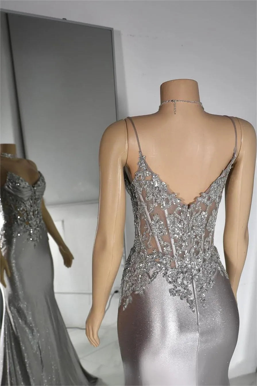 Cocoslly Spaghetti Straps Sleeveless Pleated Mermaid Long Prom Dress With Beaded Appliques | Silver Satin XJ0015