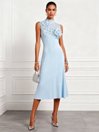 Light Blue 3D Floral Knit Mock Neck Sleeveless A-Line Midi Dress