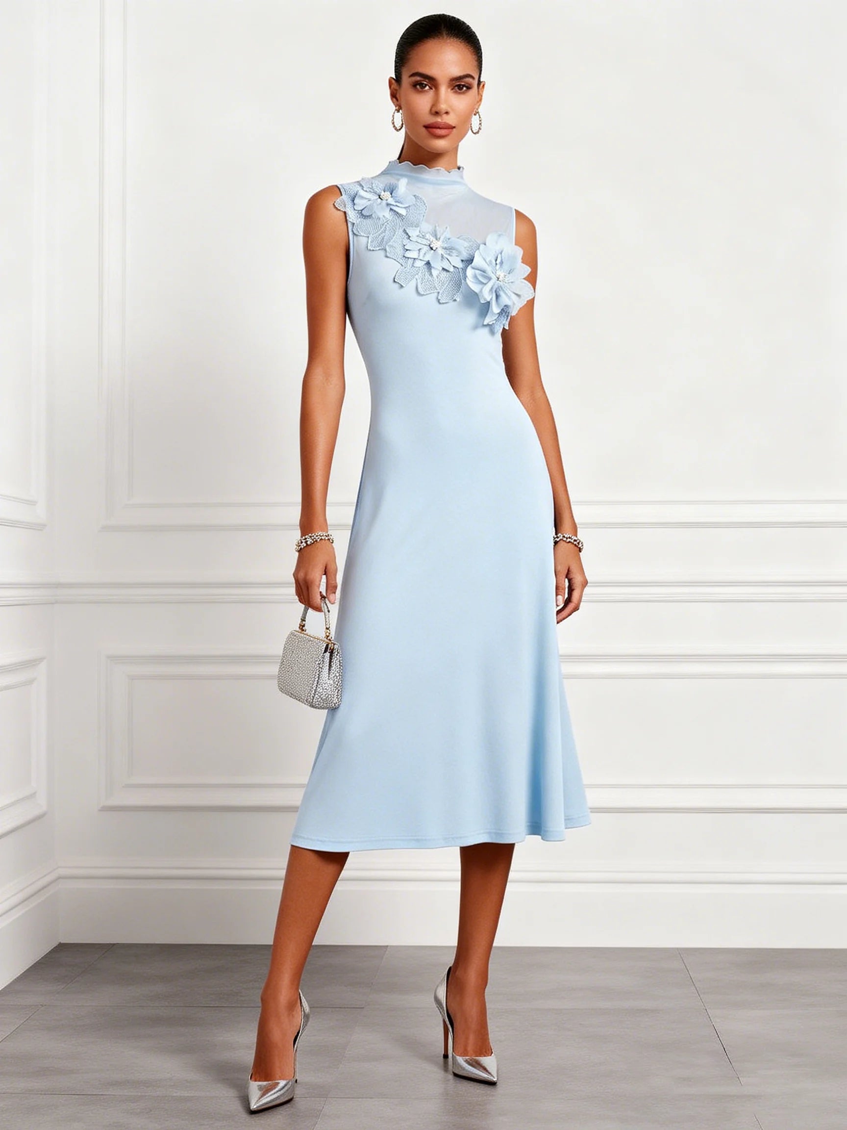 Light Blue 3D Floral Knit Mock Neck Sleeveless A-Line Midi Dress