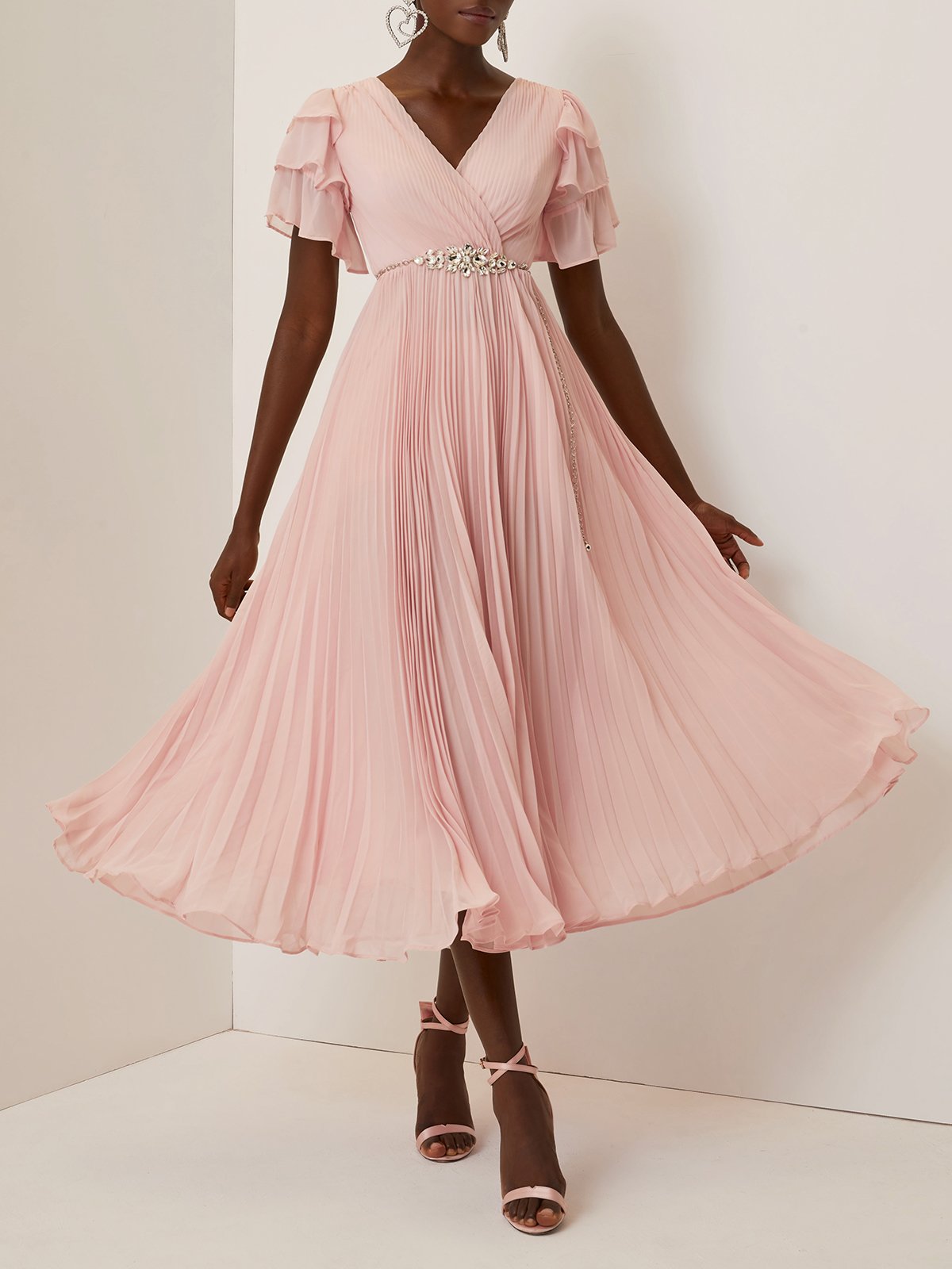 Pink Pleated Rhinestone Chiffon V Neck Short Sleeve Ruffle Sleeve A-Line Maxi Dress