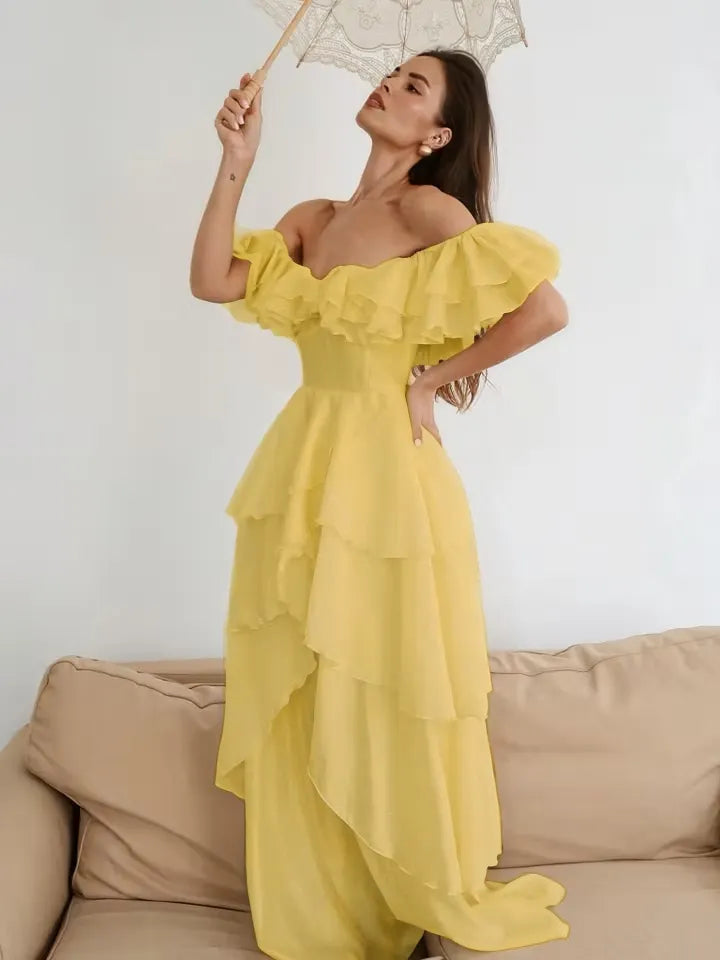 Cocoslly Off-The-Shoulder Sleeveless High Waist Long Prom Dress With Ruffles | White Chiffon LX0115