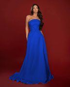 Satin Strapless Sleeveless High-Waisted Long A-Line Prom Dress With Beadings YK0662