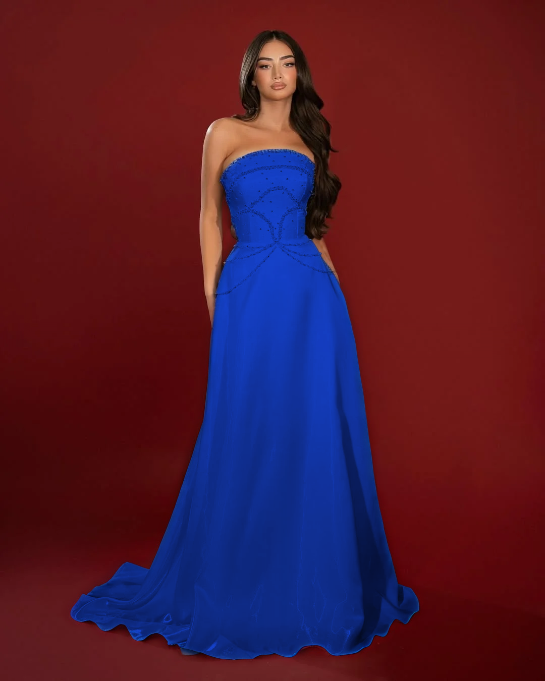 Satin Strapless Sleeveless High-Waisted Long A-Line Prom Dress With Beadings YK0662