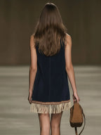 Western Retro Faux Suede Bohemian Style Embroidered Tassel Sleeveless Mini Dress