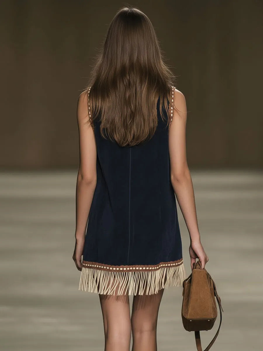 Western Retro Faux Suede Bohemian Style Embroidered Tassel Sleeveless Mini Dress