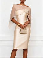 Champagne 3D Floral Mesh Satin Boat Neck Short Sleeve Sheath Midi Dress with Capelet