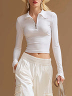 Sporty White Half-Zip Collared Long-Sleeve Crop Top And Red-Stripe Cargo Wide-Leg Pants Set