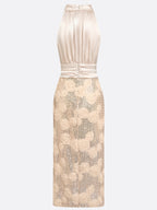 Champagne 3D Floral Glitter Classic Mock Neck Sleeveless Midi Dress