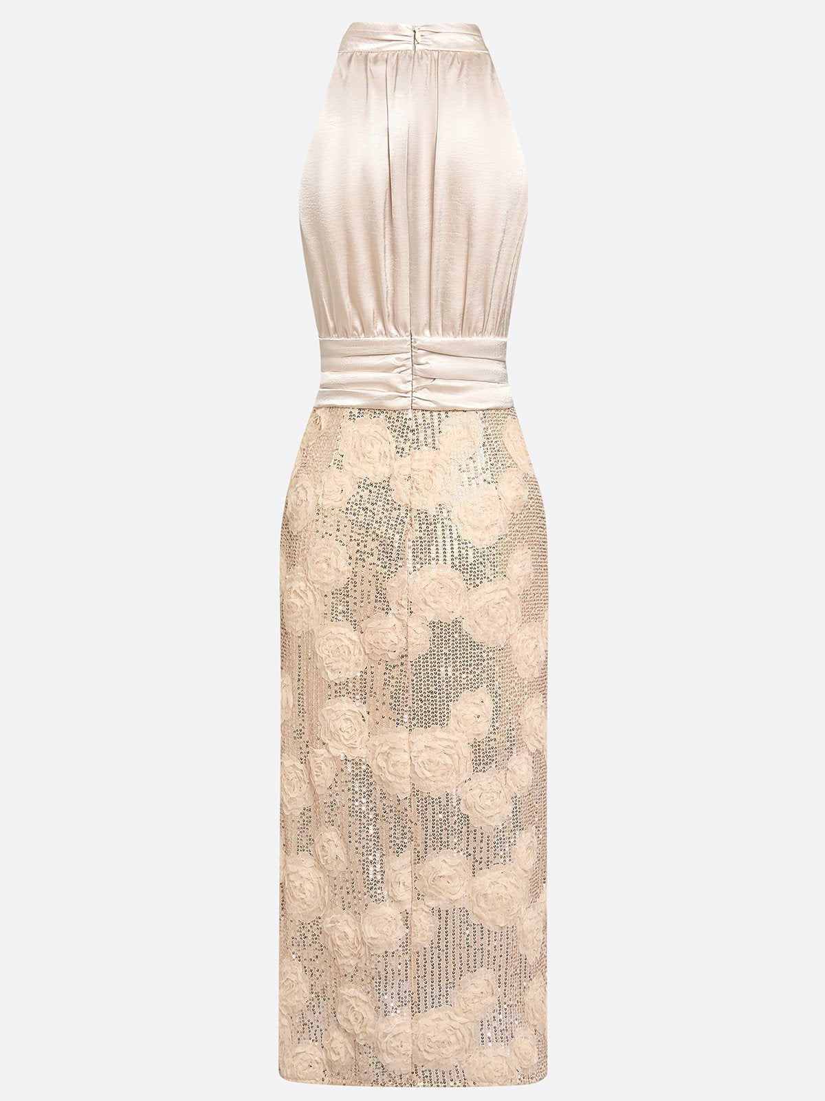 Champagne 3D Floral Glitter Classic Mock Neck Sleeveless Midi Dress
