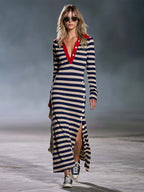 Retro Nautical Navy Striped Polo Collar Long-Sleeve Slit Maxi Dress