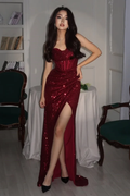Sequin Strapless Sleeveless Long High Split Prom Dress With Pleated YK0006